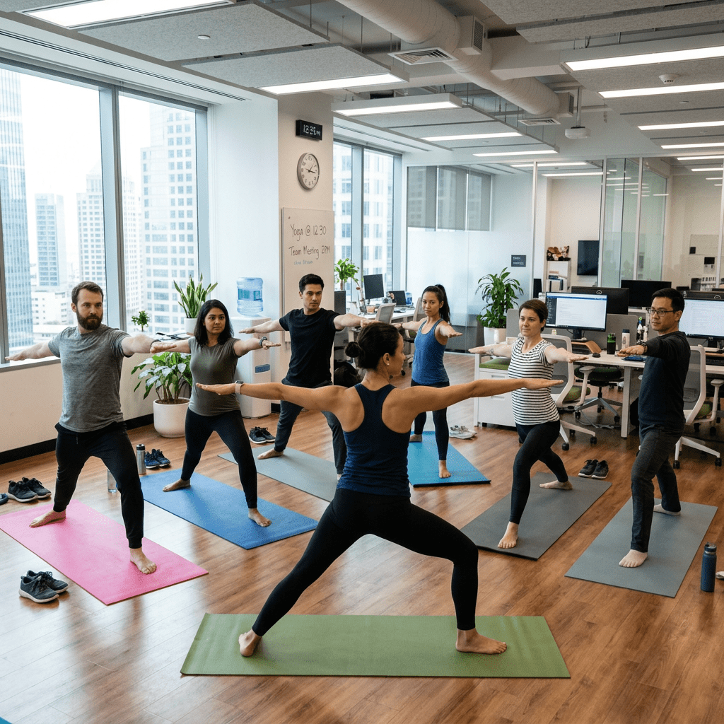 Seven people practicing yoga Warrior II pose on mats in an office with large windows and computer desks.
