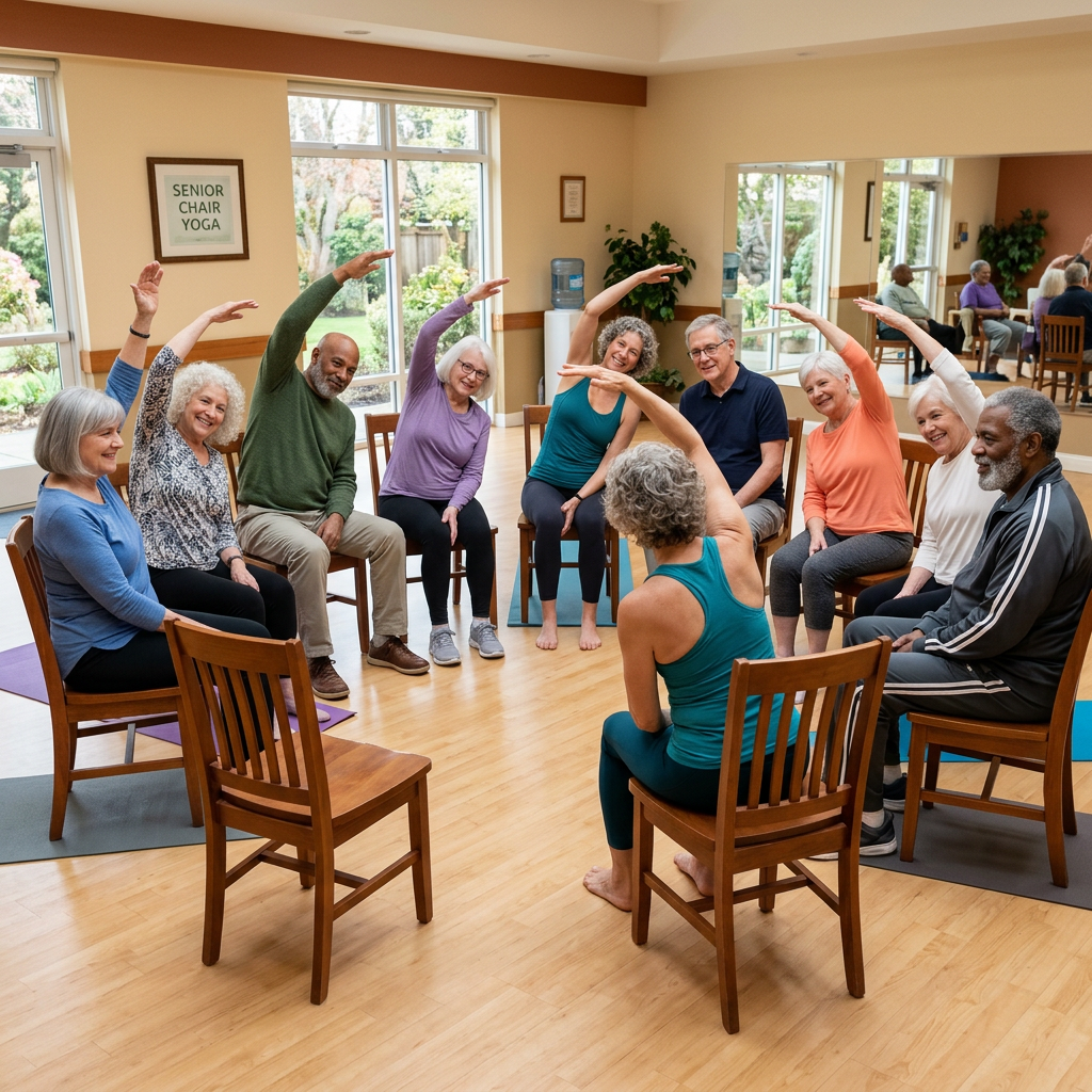 Seniors practicing chair yoga together